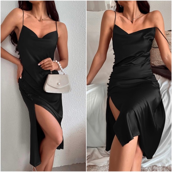 Black Bodycon Sexy Satin Cami Slit Midi Dress - Picture 4 of 4